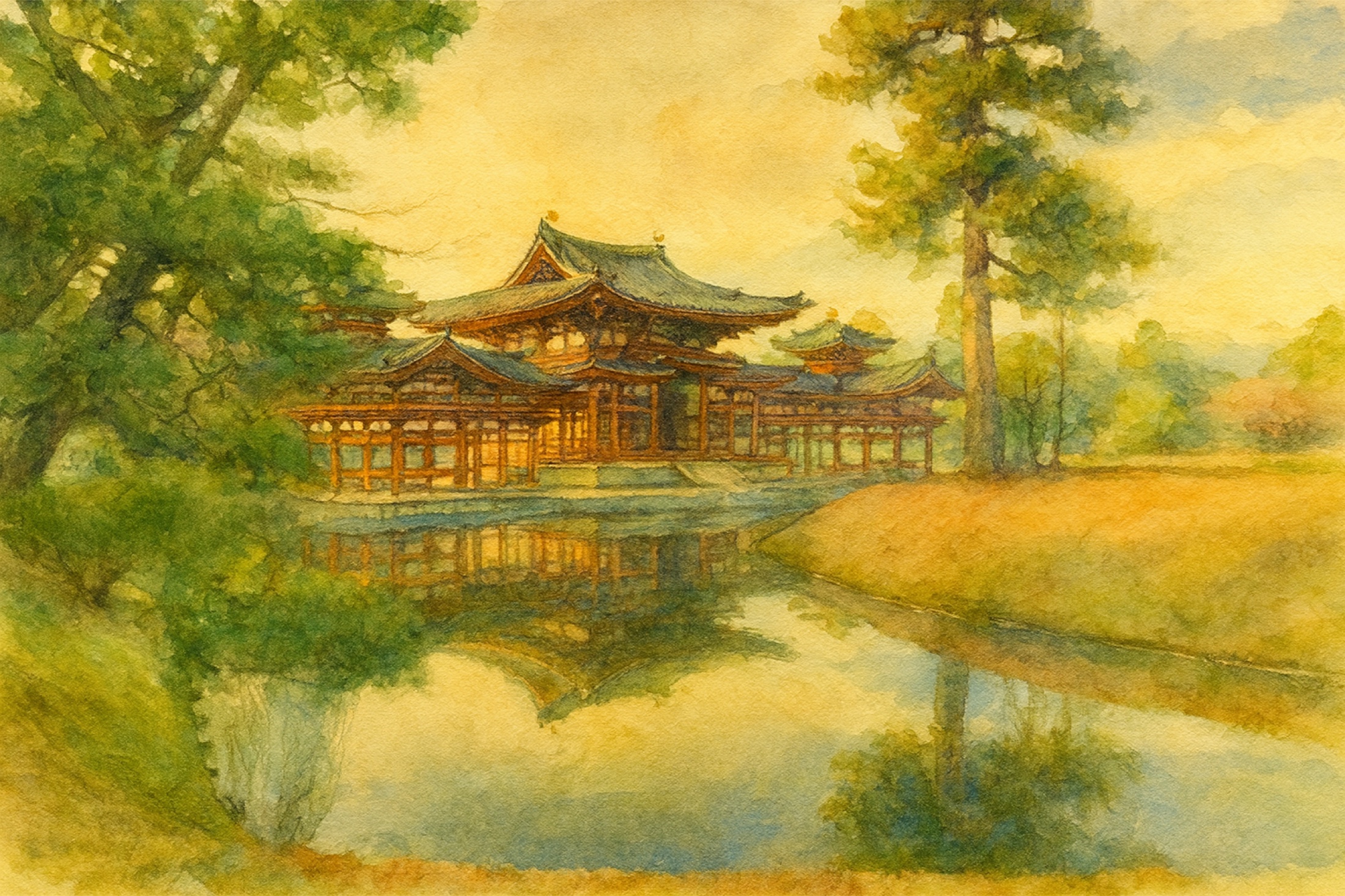 A timber temple and softened trees are doubled in perfectly still water. Architecture and reflection become inseparable, creating a balanced, hushed scene in which the slightest disturbance would change everything.