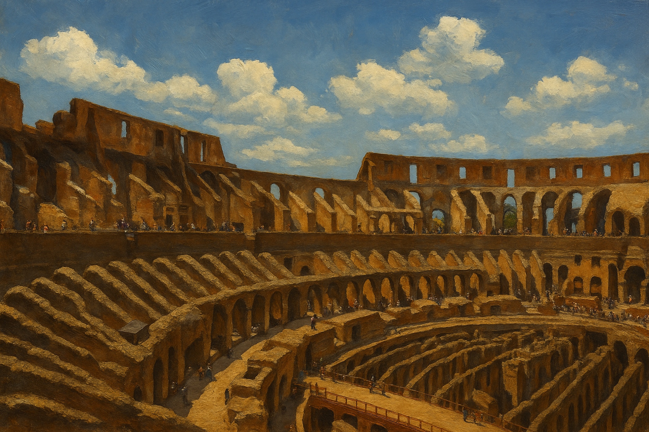 The Colosseum unfolds as a sweeping geometry of weathered stone, repeated arches and deep shadow. Human figures provide scale, while the vast interior reveals how architecture can hold both ruin and enduring spectacle.