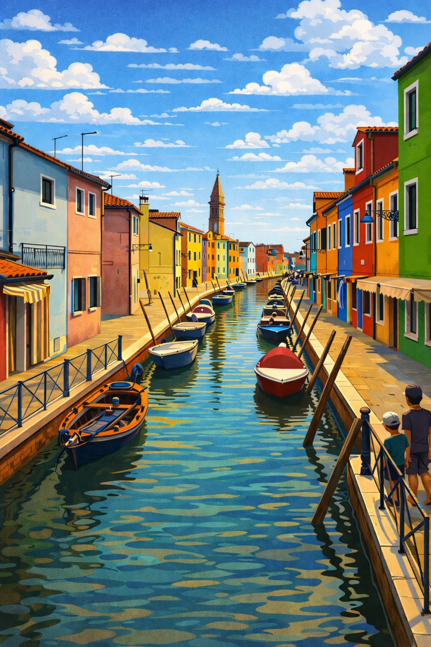 Burano appears as a procession of colour, with bright façades gathering along the canal beneath an expansive sky. The water draws the scene forward, turning a familiar Venetian view into an invitation to wander further.