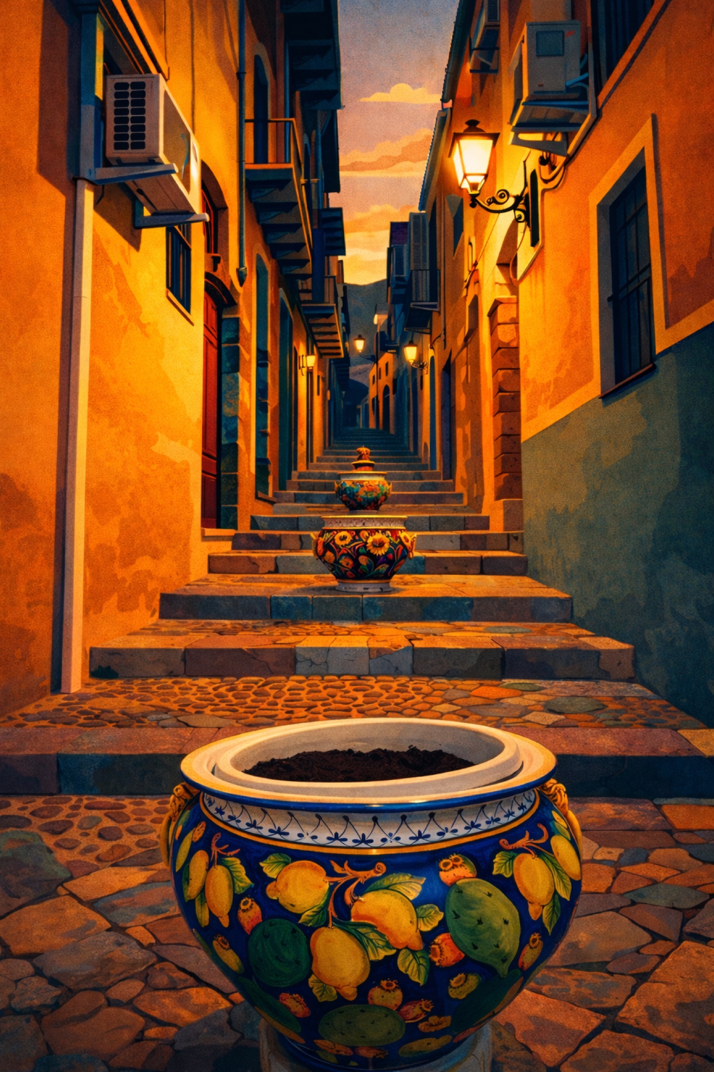 Warm walls, rising steps and a single ceramic pot turn an ordinary passage into a small theatre of arrival. Light gathers between the buildings, suggesting the next corner before it can be seen.