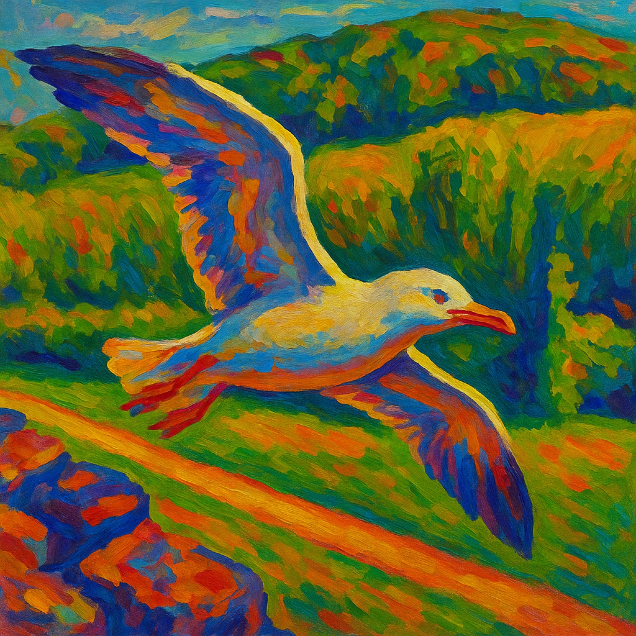 A seagull cuts across a vivid coastal landscape, its pale form suspended between green headland and blue water. The familiar bird becomes an energetic travelling companion, momentarily commanding the entire view.