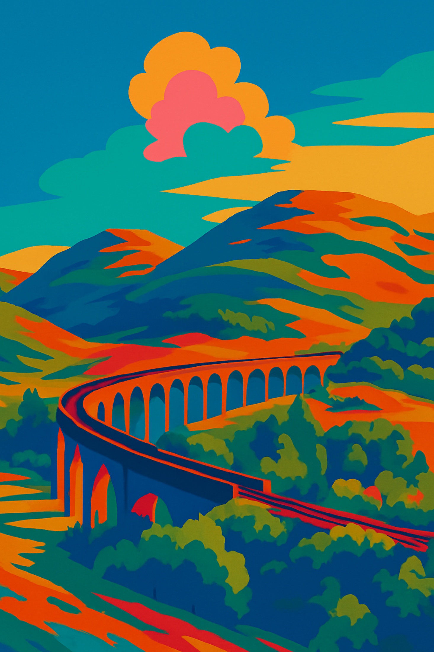 The viaduct sweeps through the Highland landscape in one decisive curve, carrying movement across layers of hills and woodland. Bold colour makes the crossing feel less like infrastructure and more like a journey suspended in the land.