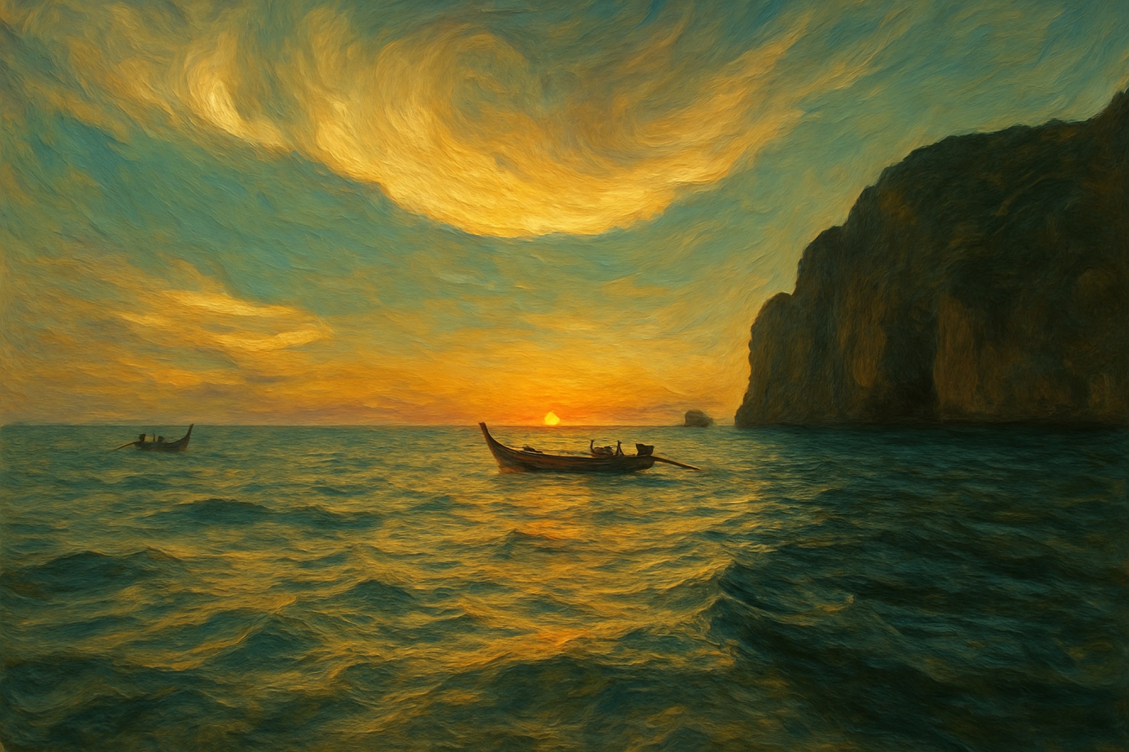 A longtail boat moves across darkening water beneath a sky that seems to spiral around the final light. Land and sea recede into shadow, leaving the boat suspended between movement and stillness.
