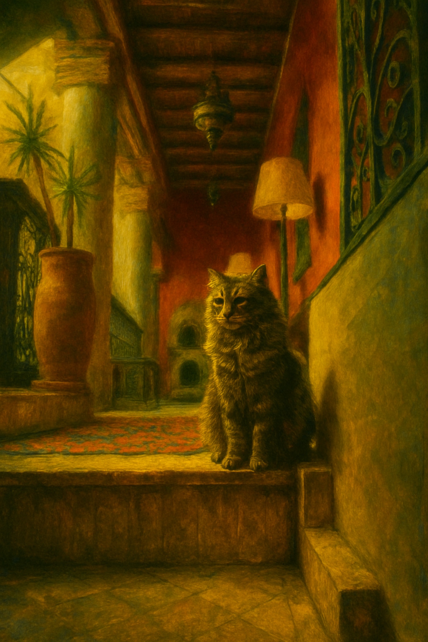 A cat pauses in the warm shadow of a domestic passage, poised between belonging and independence. The surrounding architecture becomes a stage for its stillness, attention and quiet claim over the doorway.