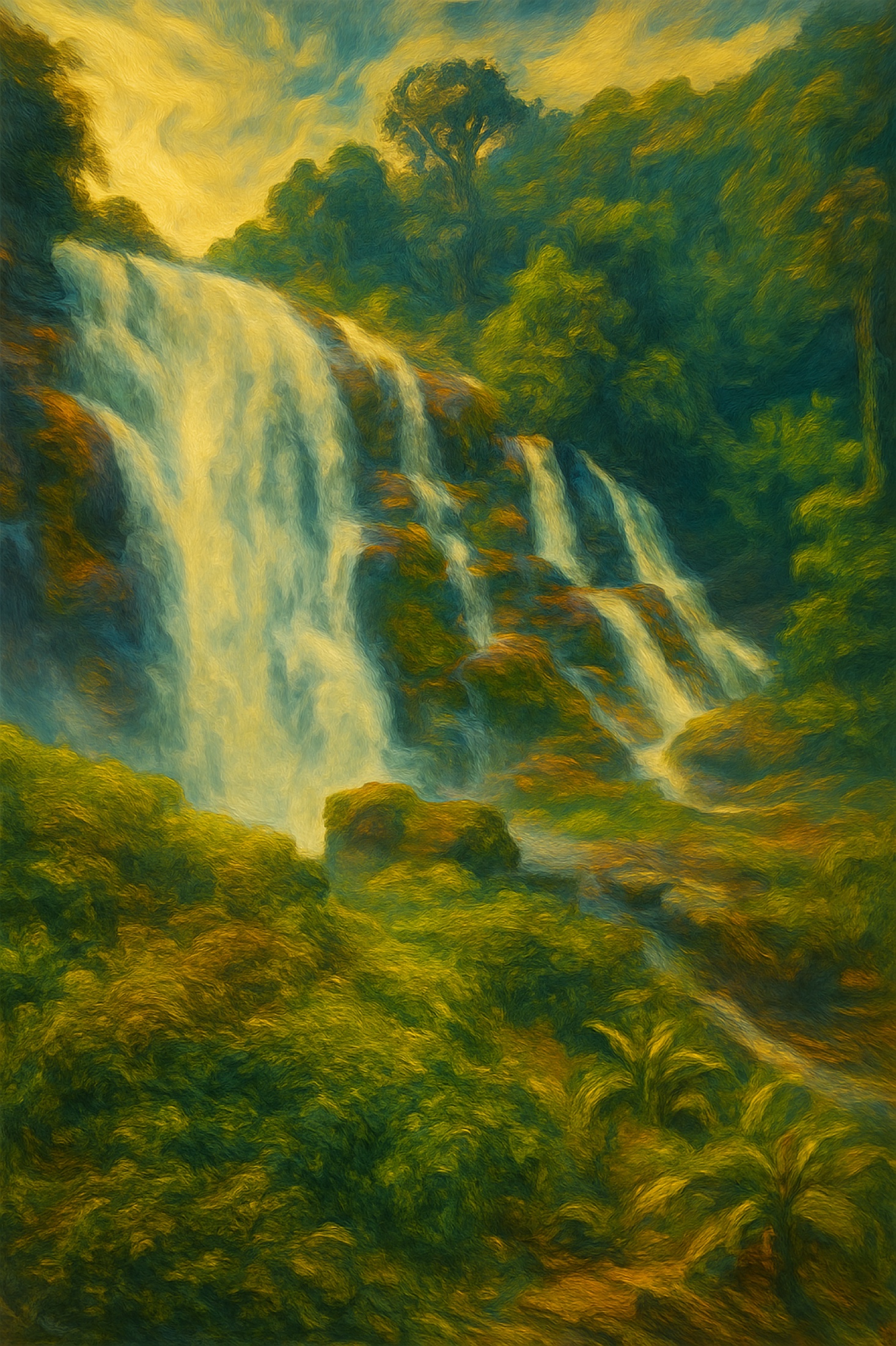 Water descends in broad, luminous tiers through dense forest, breaking around dark rocks and gathering the first warmth of day. The scene balances force with softness: a great natural movement rendered as light.