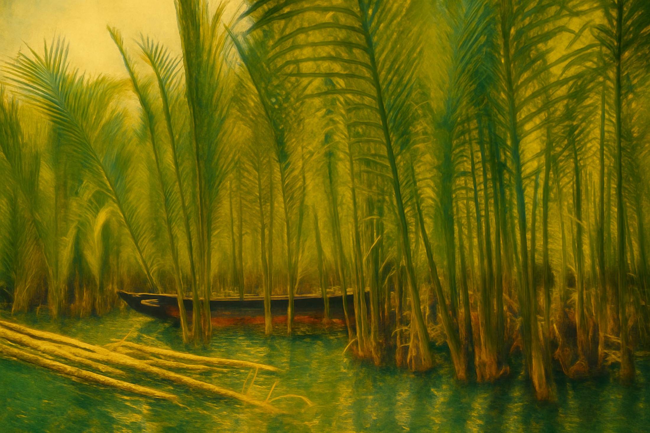 A narrow boat rests among flooded palm trunks in green-gold light. Repetition, reflection and the absence of visible movement turn the forest into a secluded interior — a landscape experienced as shelter rather than spectacle.