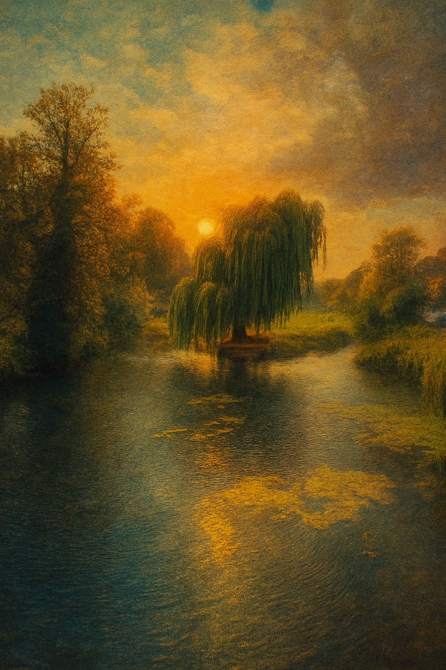 A willow leans over reflective water as the last sun slips behind the trees. Amber light travels across the surface, transforming a quiet riverside scene into a lingering study of warmth, reflection and the end of day.