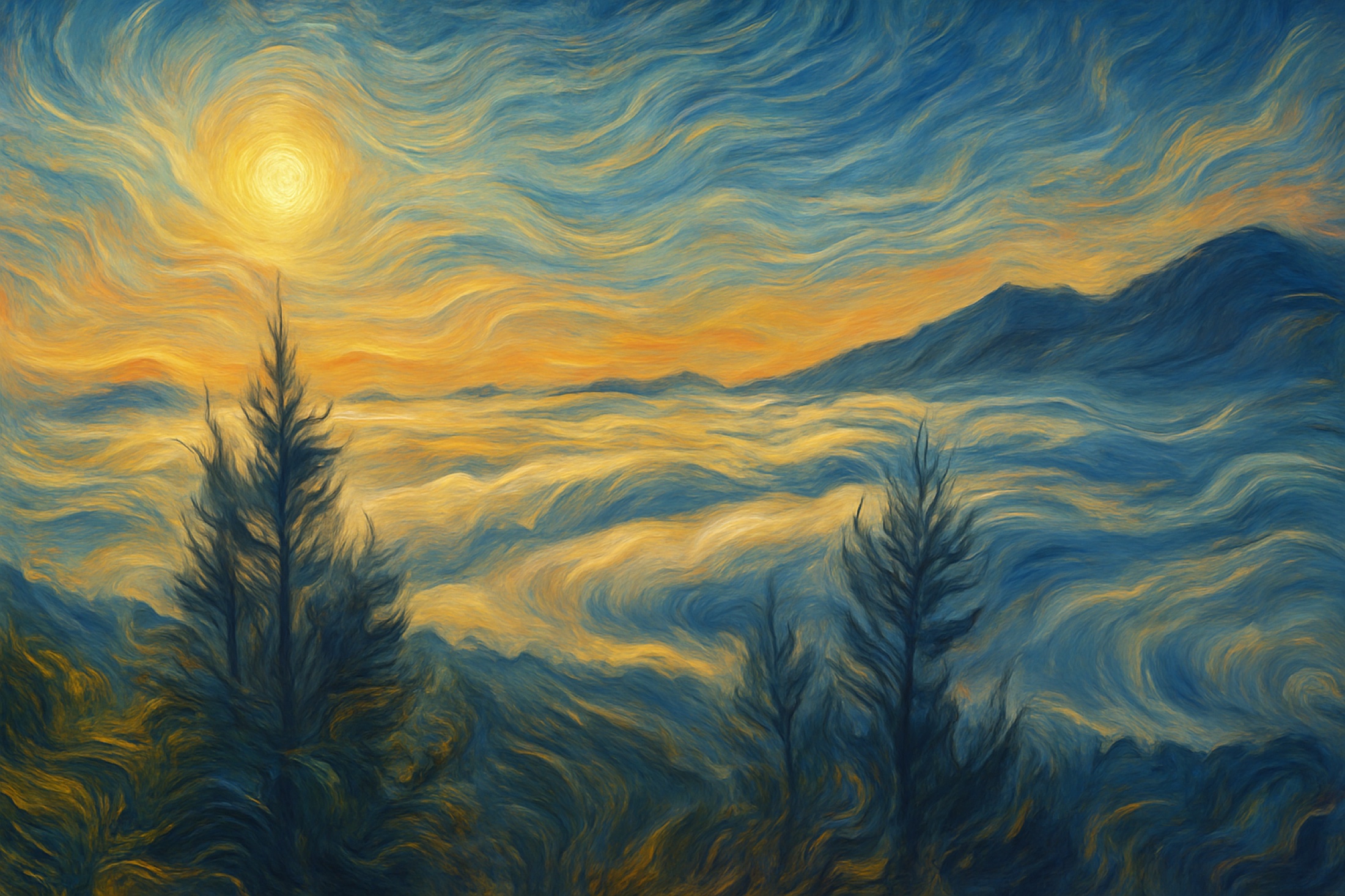 A mountain ridge rises above a vast sea of cloud, its slopes caught between deep blue shadow and radiant gold. Scale, weather and light take over, transforming the distant landscape into something elemental and almost weightless.